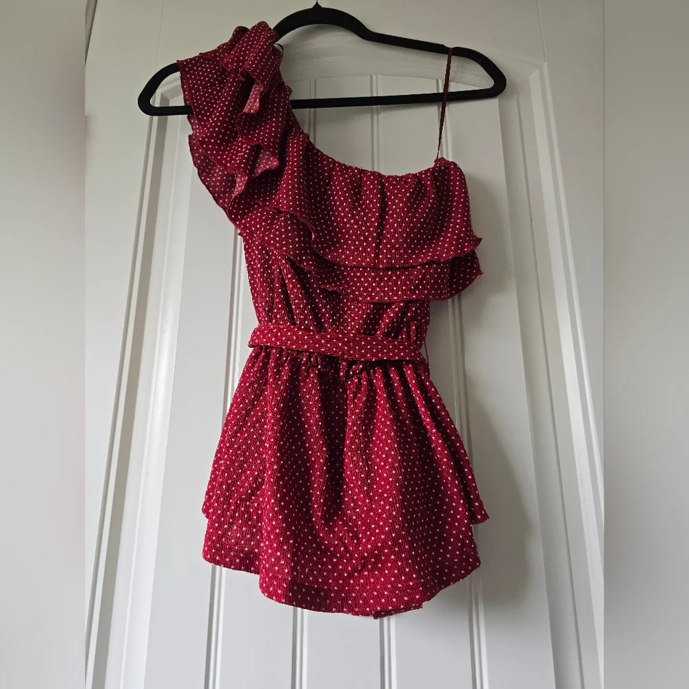 Anthropologie Maeve Rita One Shoulder Ruffle Top Red Polka Dot Tie Waist Small - Picture 14 of 14